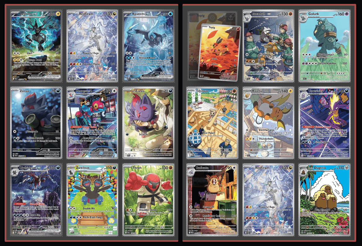 Interactive drag and drop card placement in a two-page digital binder spread