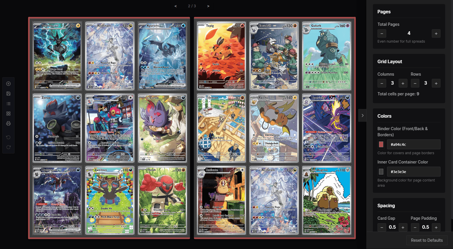 DigiBinder interactive editor showing a two-page Pokémon card spread